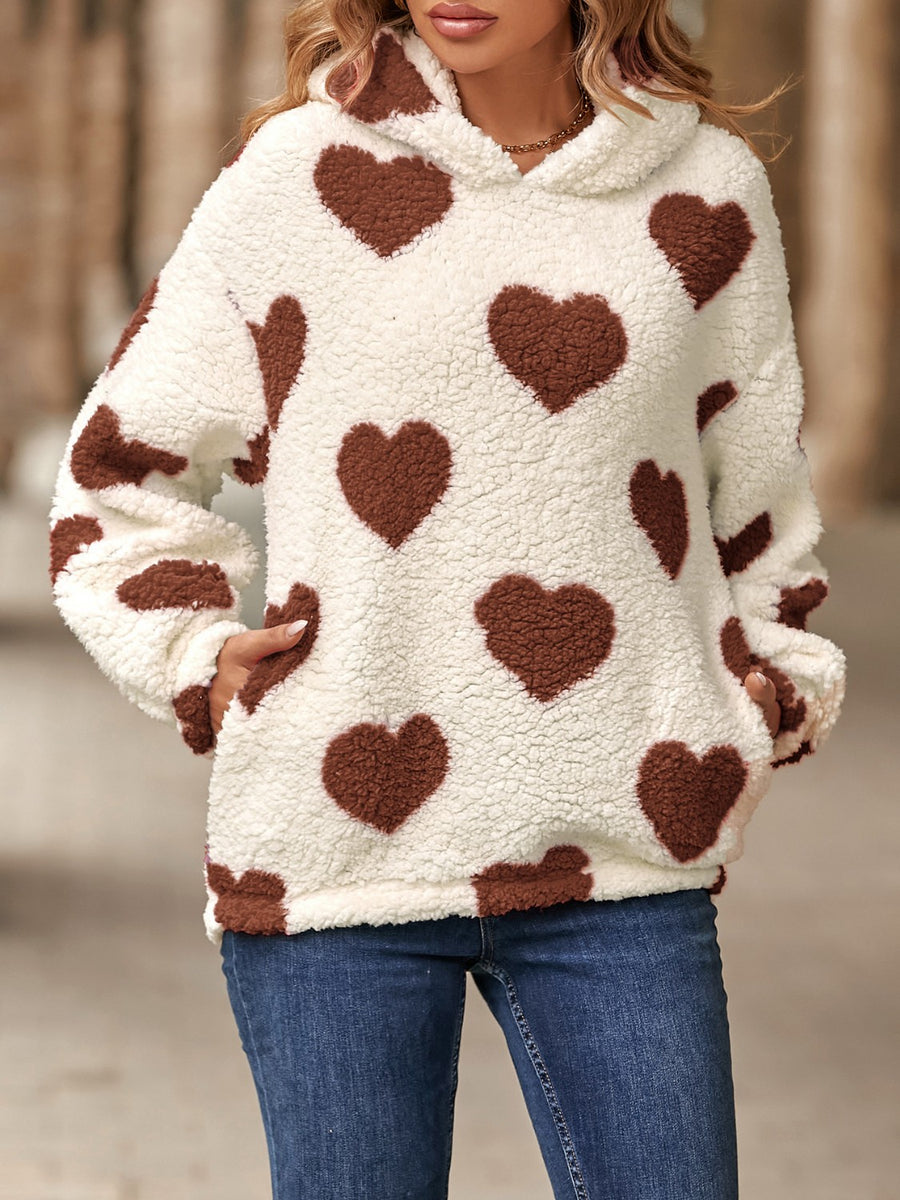 Fuzzy Heart Pocketed Dropped Shoulder Hoodie Dark Brown
