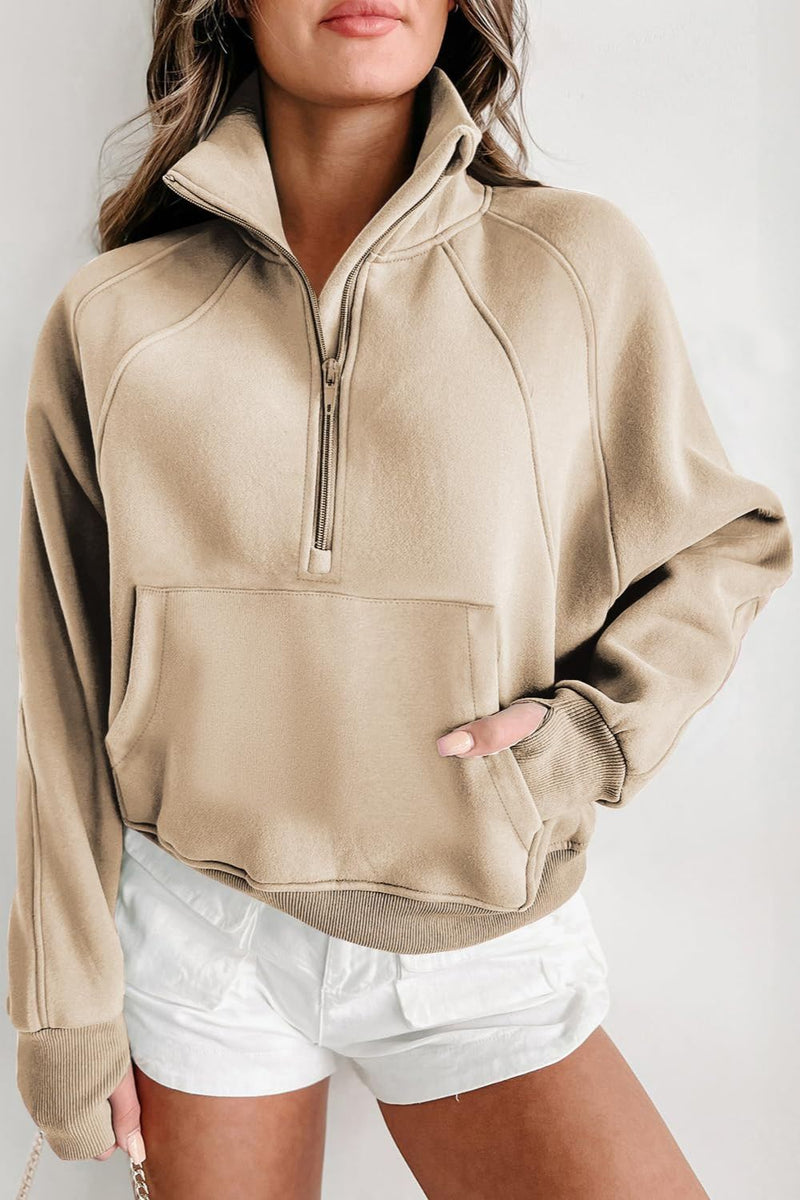 Half Zip Long Sleeve Sweatshirt Tan