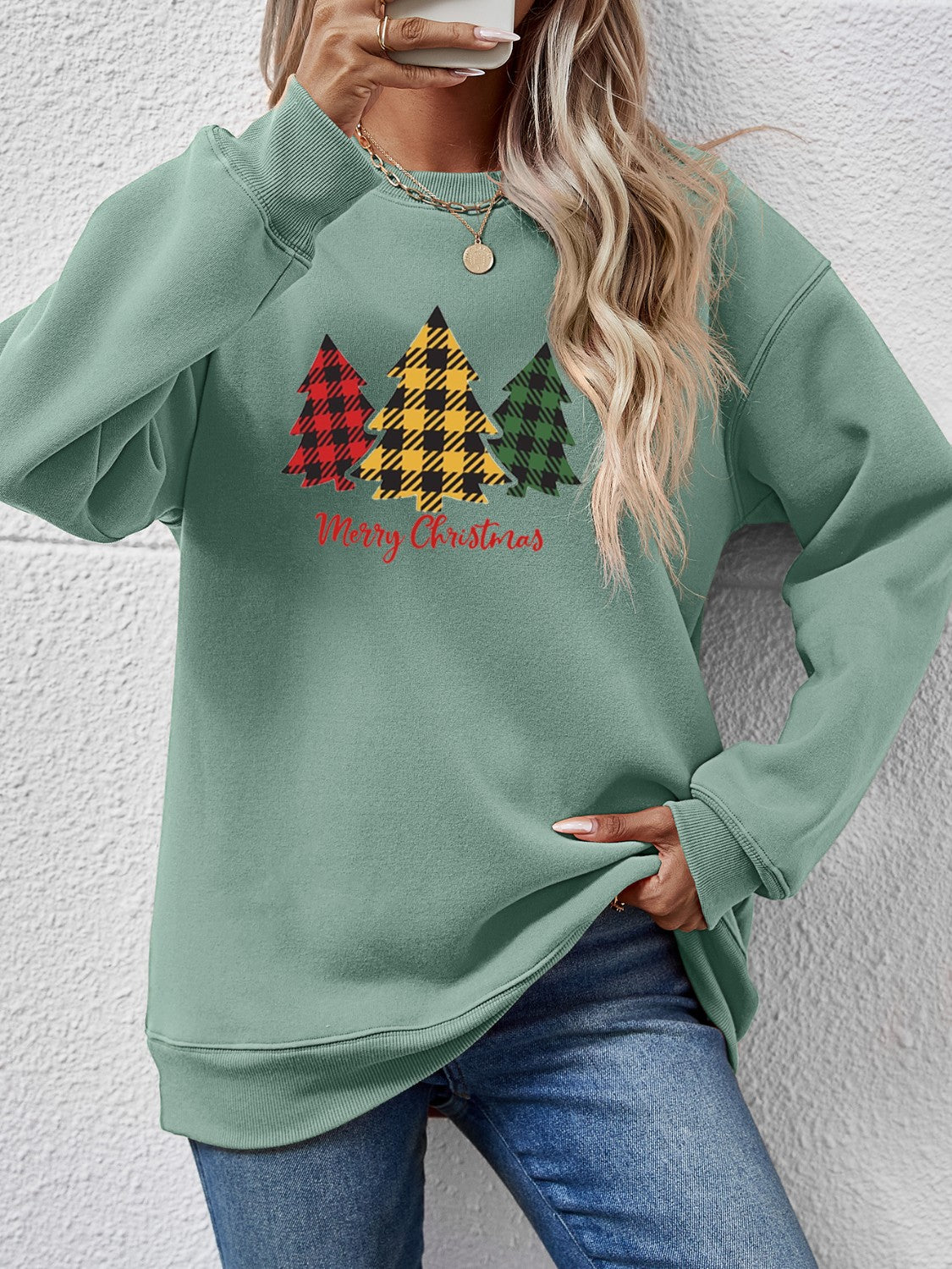 MERRY CHRISTMAS Dropped Shoulder Sweatshirt Sage