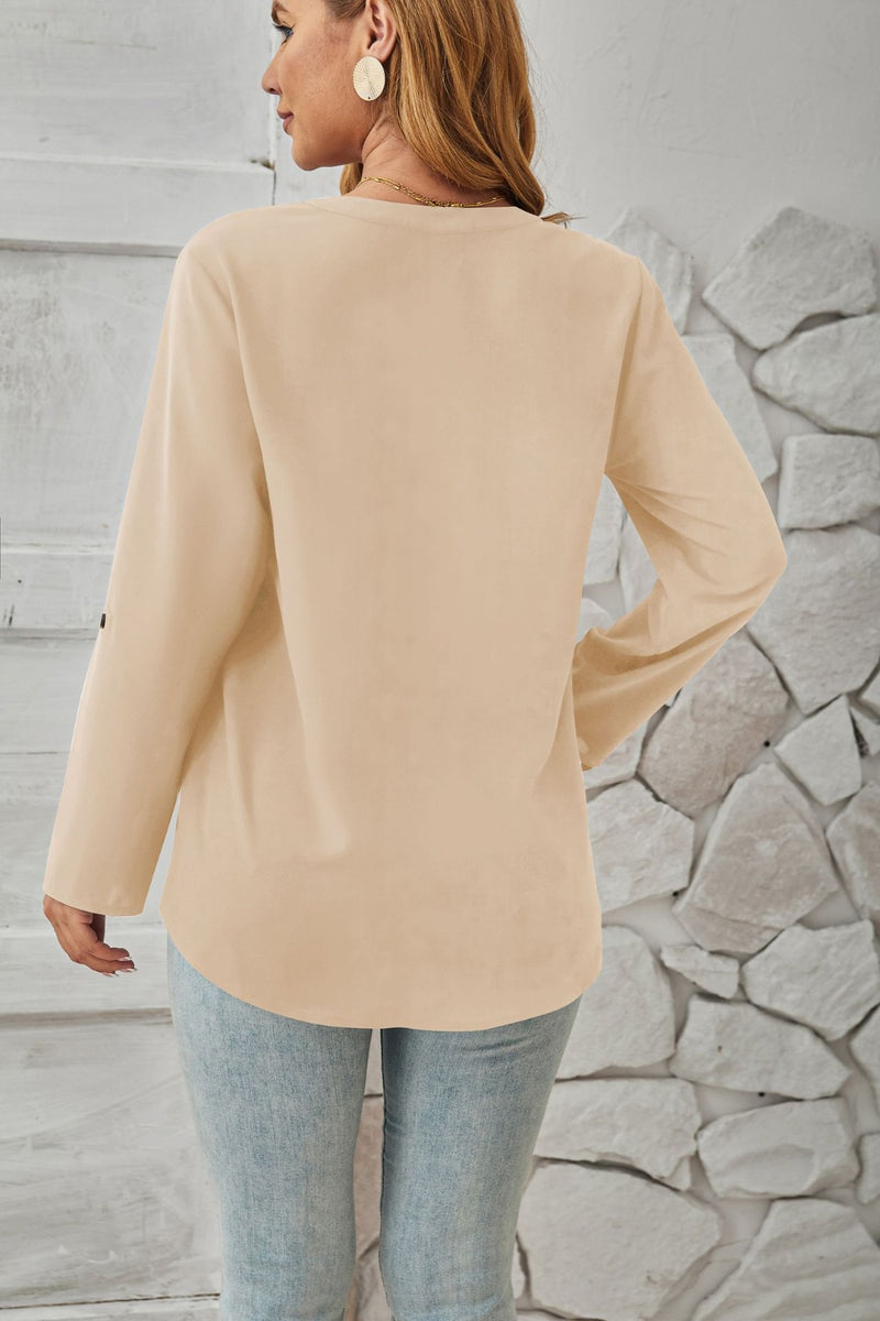 Decorative Button Notched Long Sleeve Blouse