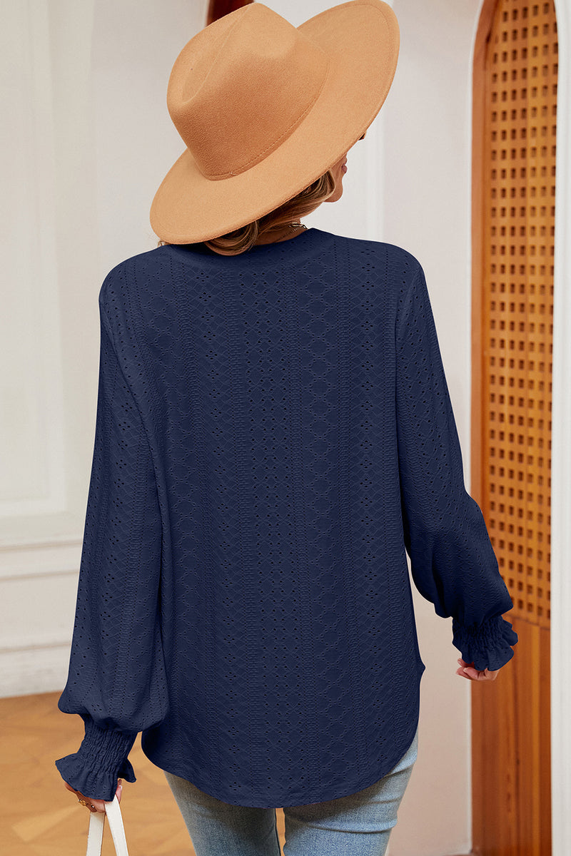 Eyelet Notched Long Sleeve T-Shirt