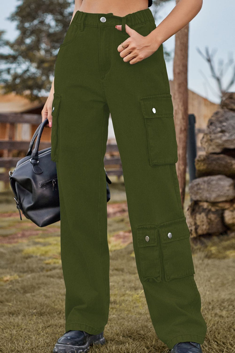 Loose Fit Long Jeans with Pockets Army Green