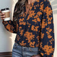 Perfee Printed Notched Long Sleeve Blouse