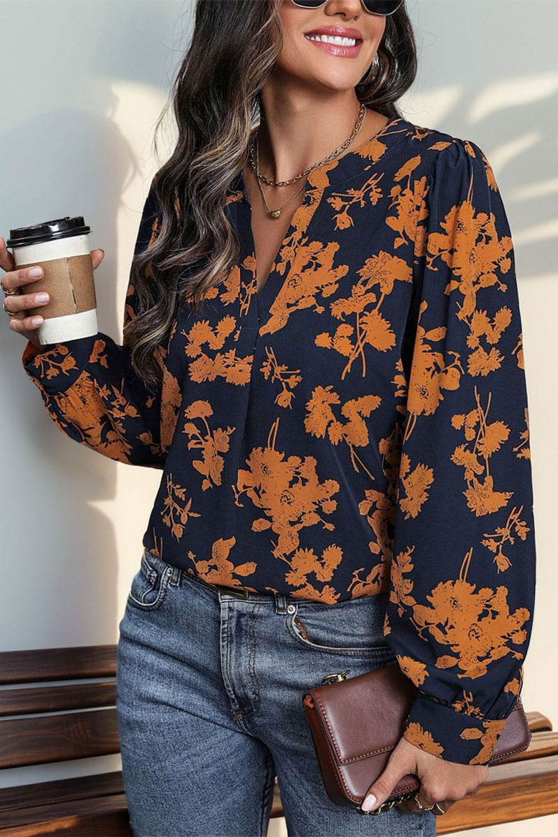 Perfee Printed Notched Long Sleeve Blouse