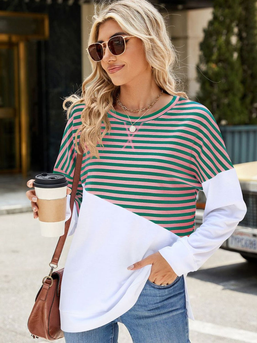 Slit Contrast Striped Long Sleeve Sweatshirt Dusty Pink