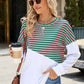 Slit Contrast Striped Long Sleeve Sweatshirt