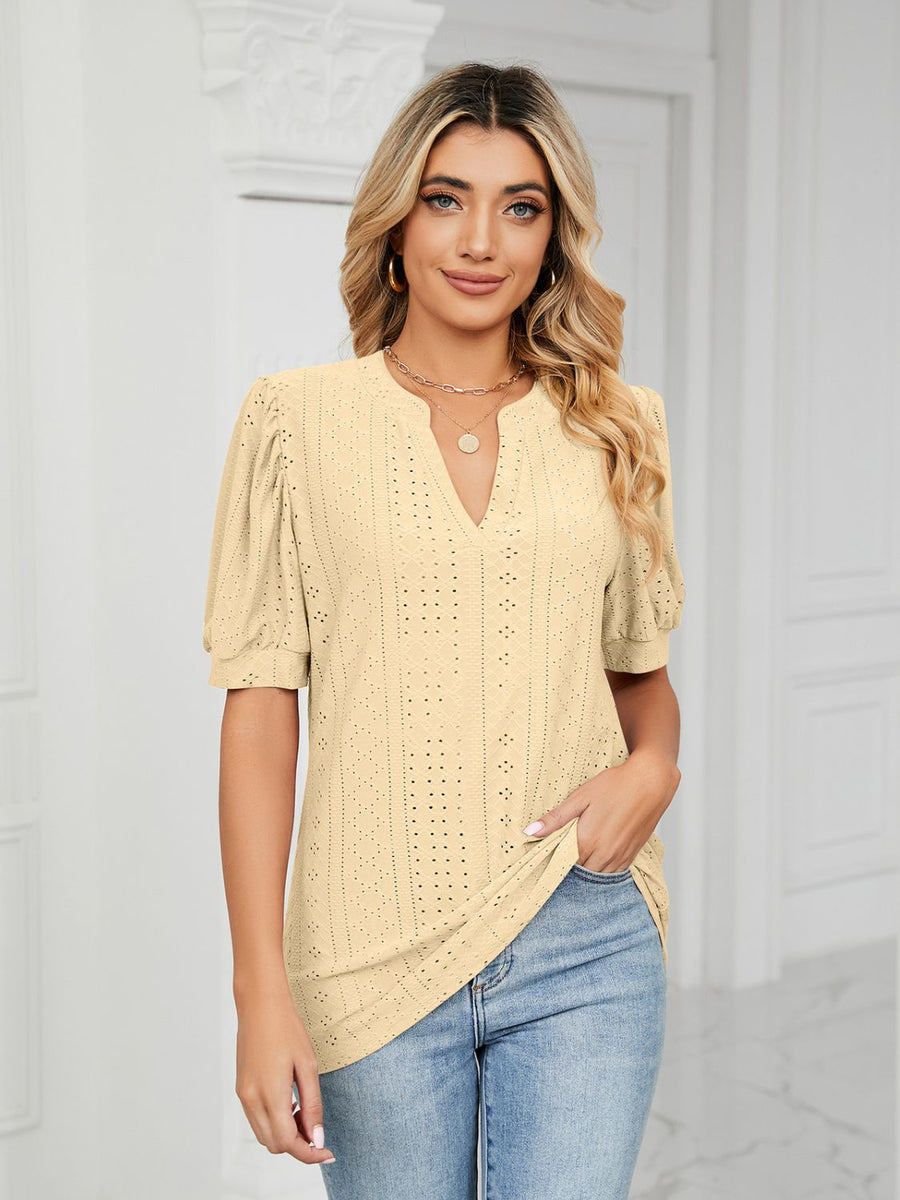 Florira Eyelet Notched Short Sleeve T-Shirt Pastel Yellow