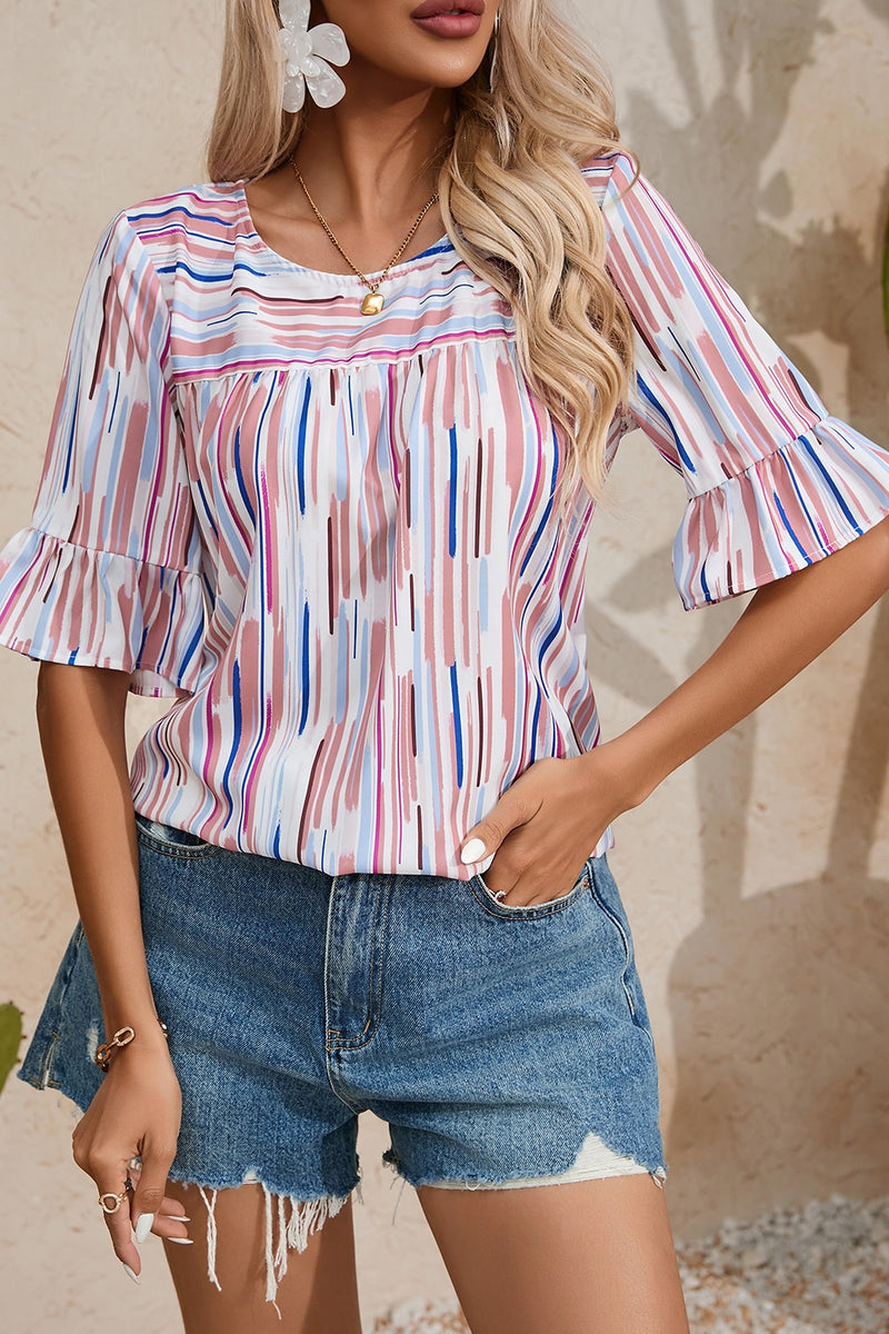 Printed Round Neck Flounce Sleeve Blouse