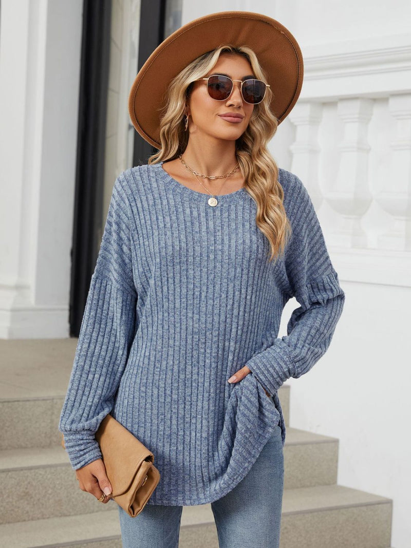 Ribbed Round Neck Long Sleeve T-Shirt