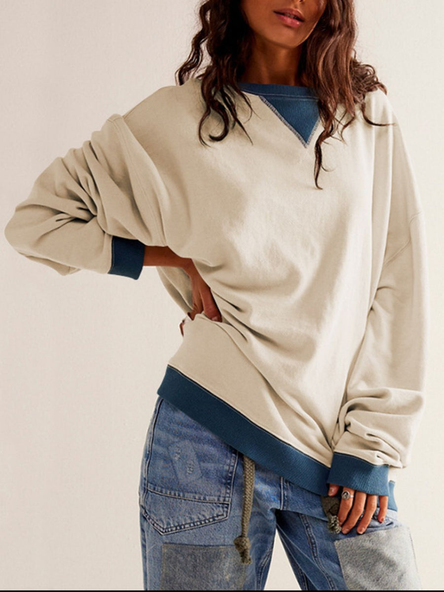 Mandy Contrast Trim Round Neck Long Sleeve Sweatshirt Beige