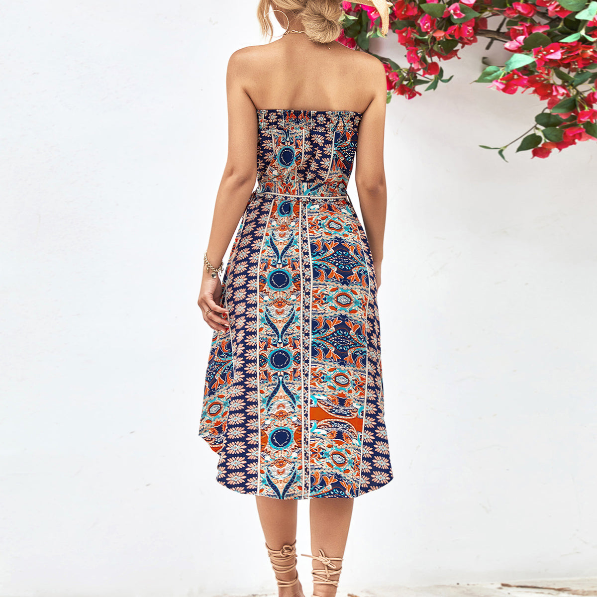 Printed Strapless Tie Belt Dress
