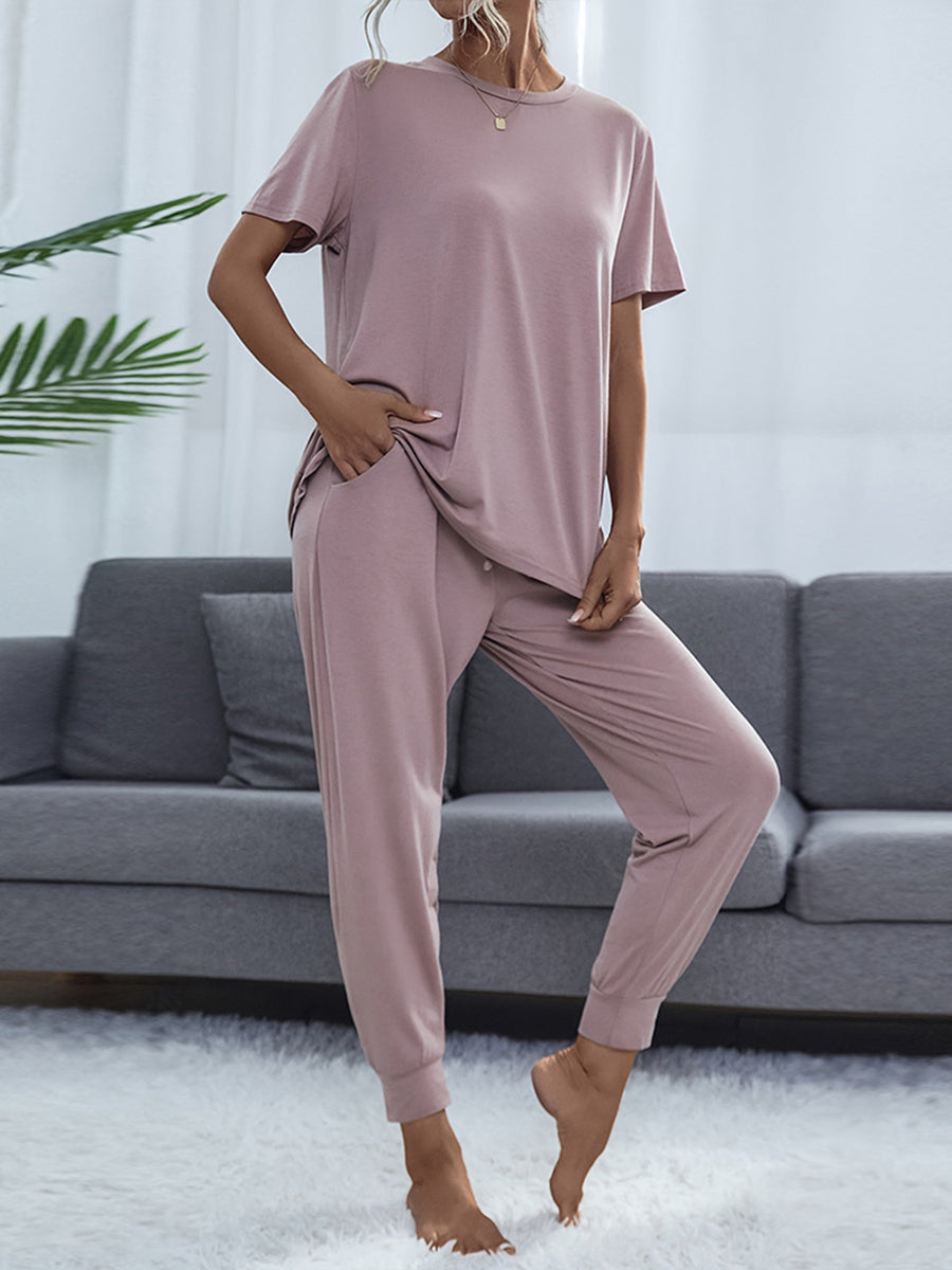 Round Neck Short Sleeve Top and Pants Set Lilac