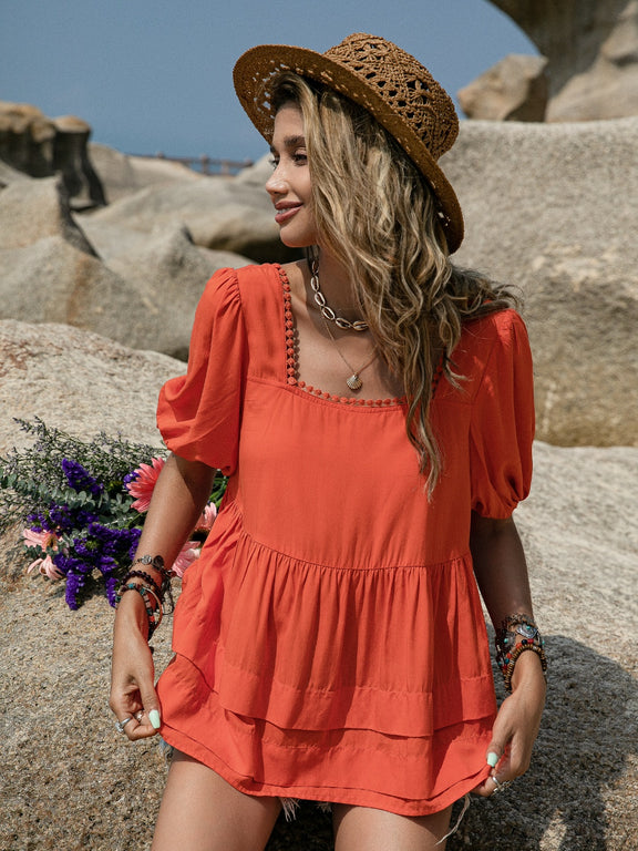 Peplum Square Neck Short Sleeve Blouse Orange-Red
