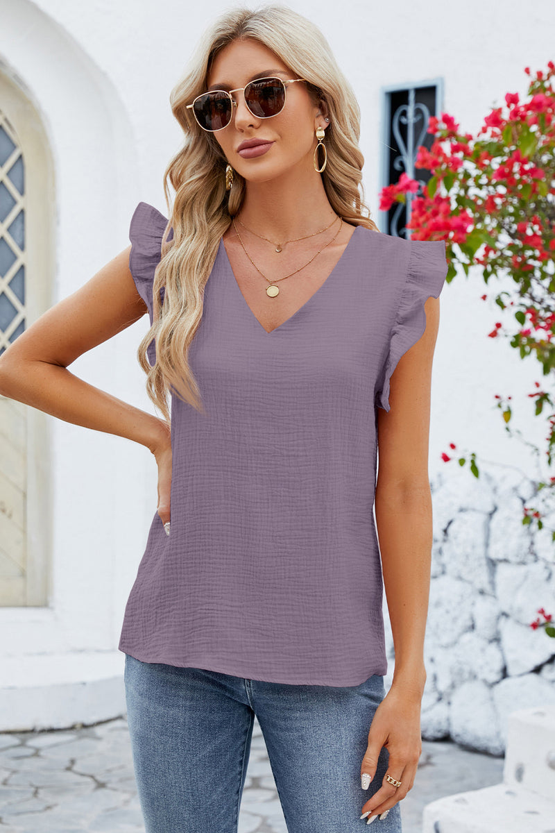 Ruffled V-Neck Cap Sleeve Blouse