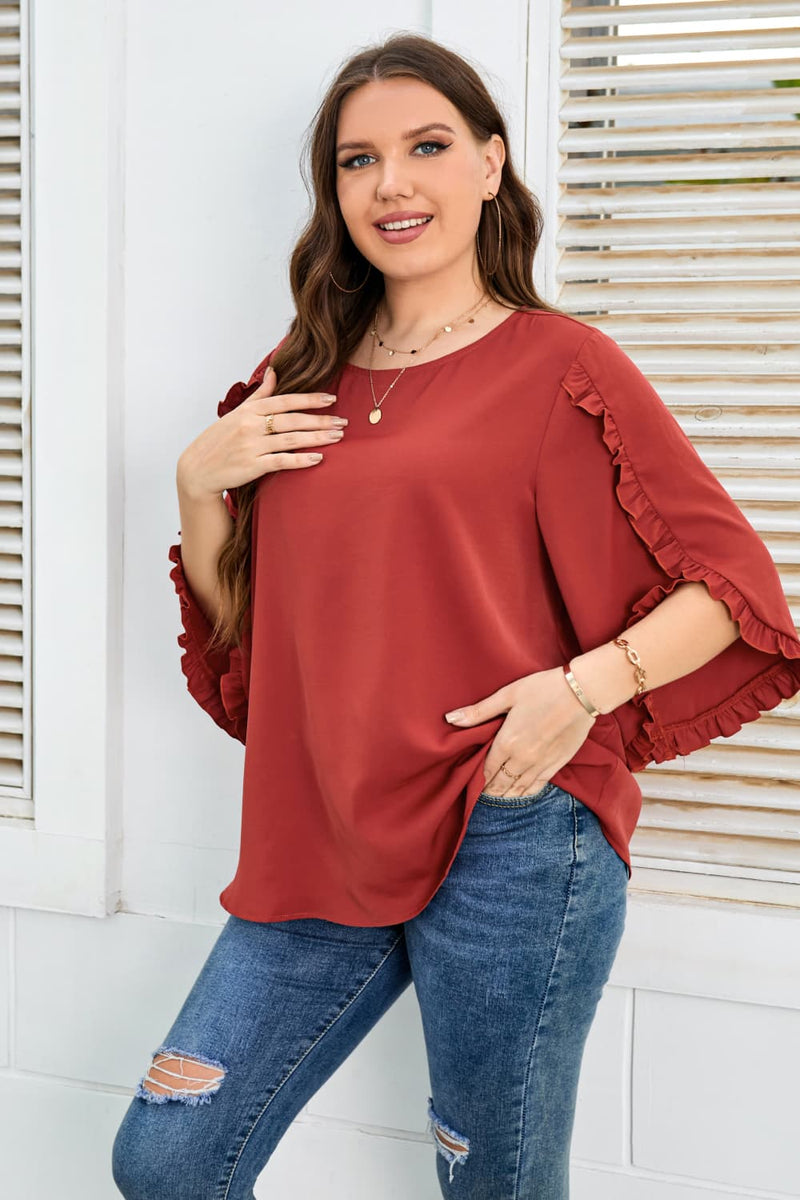 Honey Plus Size Round Neck Frill Trim Blouse