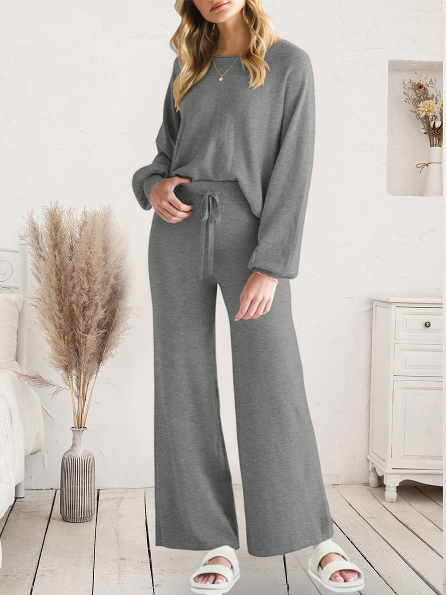 Long Sleeve Lounge Top and Drawstring Pants Set Dark Gray