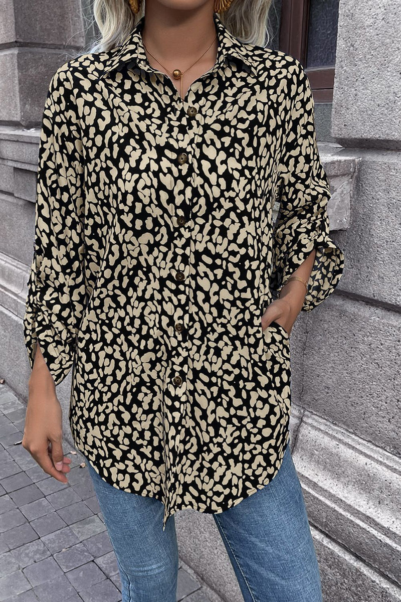 Ivy Lane Leopard Roll-Tap Sleeve Shirt