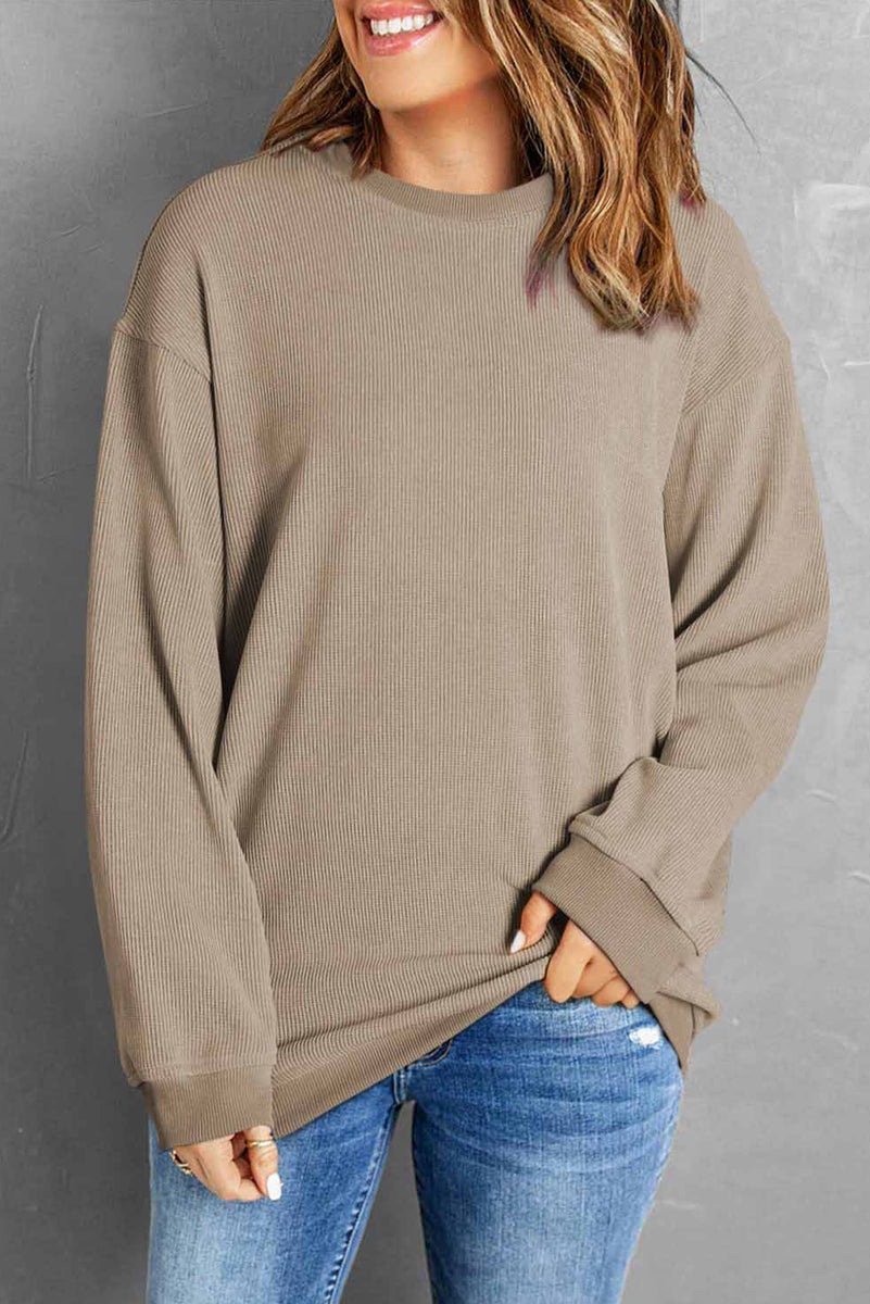 Round Neck Dropped Shoulder Sweatshirt Khaki