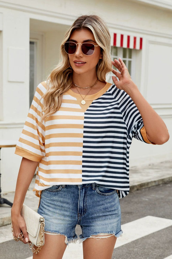 Striped Round Neck Half Sleeve T-Shirt Khaki Black