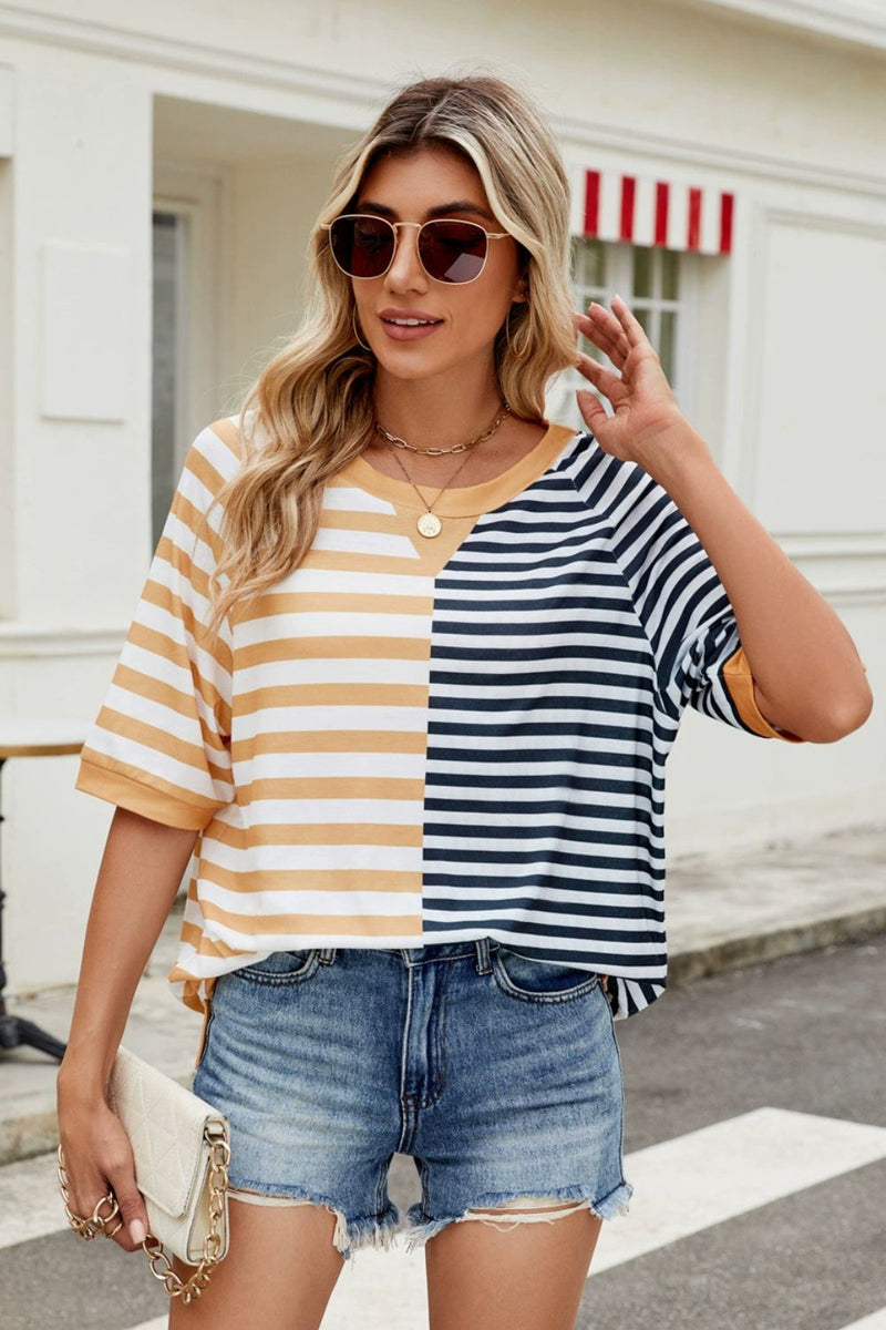 Striped Round Neck Half Sleeve T-Shirt Khaki Black