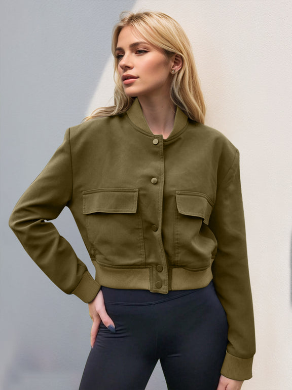 Pocketed Snap Down Baseball Collar Jacket Moss