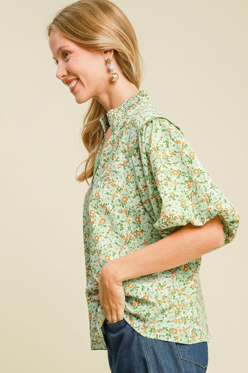 Umgee Full Size Floral Print Puff Sleeve Top Plus Size