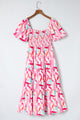 Printed Square Neck Tied Smocked Dress Blush Pink