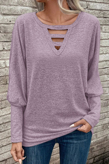 Cutout Round Neck Long Sleeve T-Shirt Pink Purple