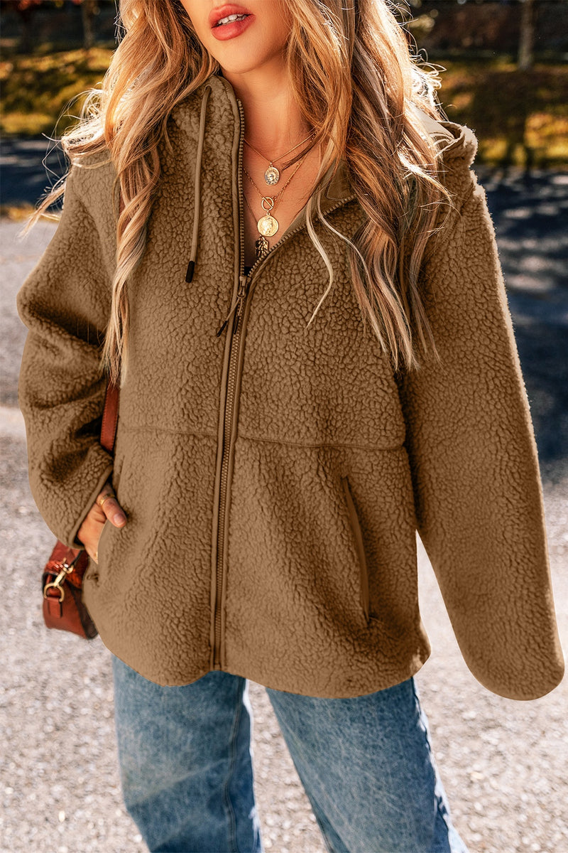 Drawstring Fleece Zip Up Hooded Jacket Brown