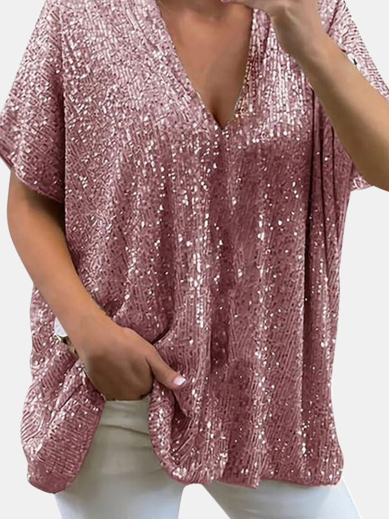 Full Size Sequin V-Neck Short Sleeve Top Rose Gold