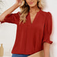 Smocked Flounce Sleeve Notched Neck Blouse