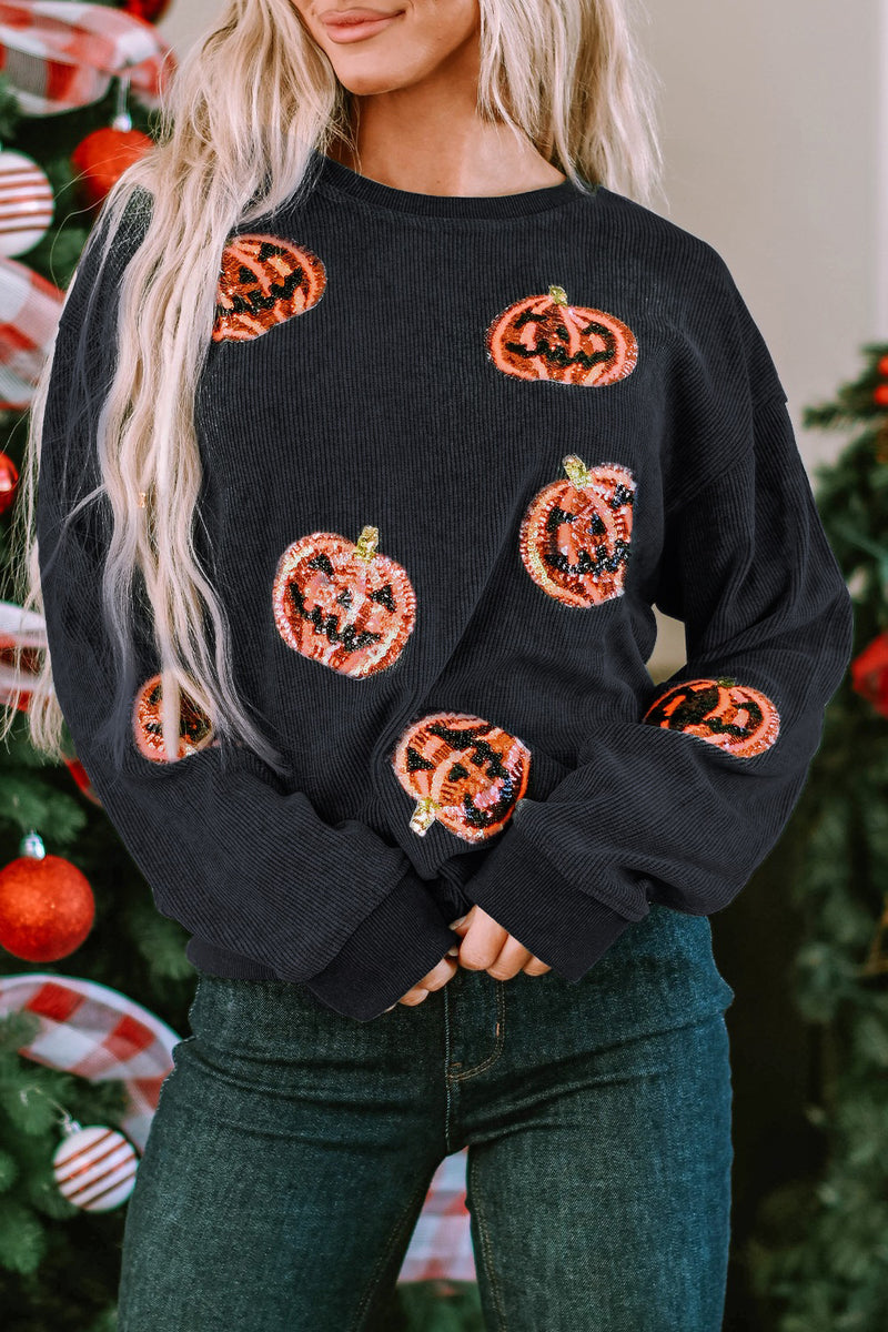 Sequin Patch Pumpkin Round Neck Sweatshirt Black