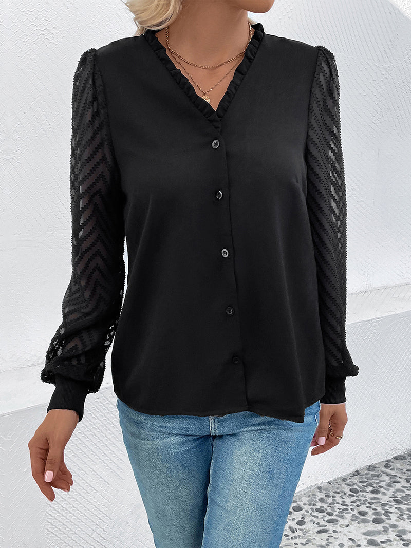 Perfee Mesh V-Neck Button Front Blouse