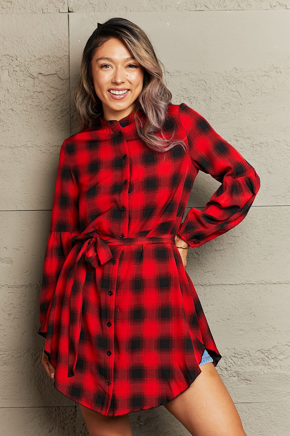 Plaid Tie Waist Balloon Sleeve Mini Dress