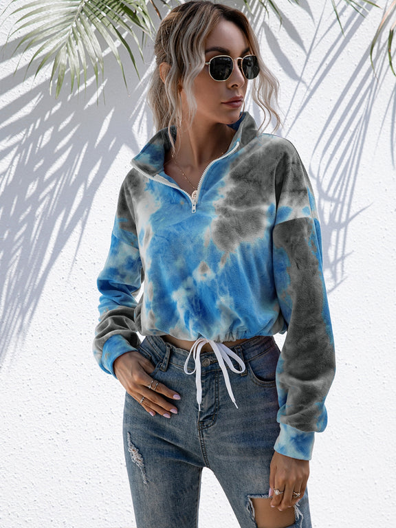 Ivy Lane Tie-Dye Quarter Zip Dropped Shoulder Sweatshirt Dark Gray