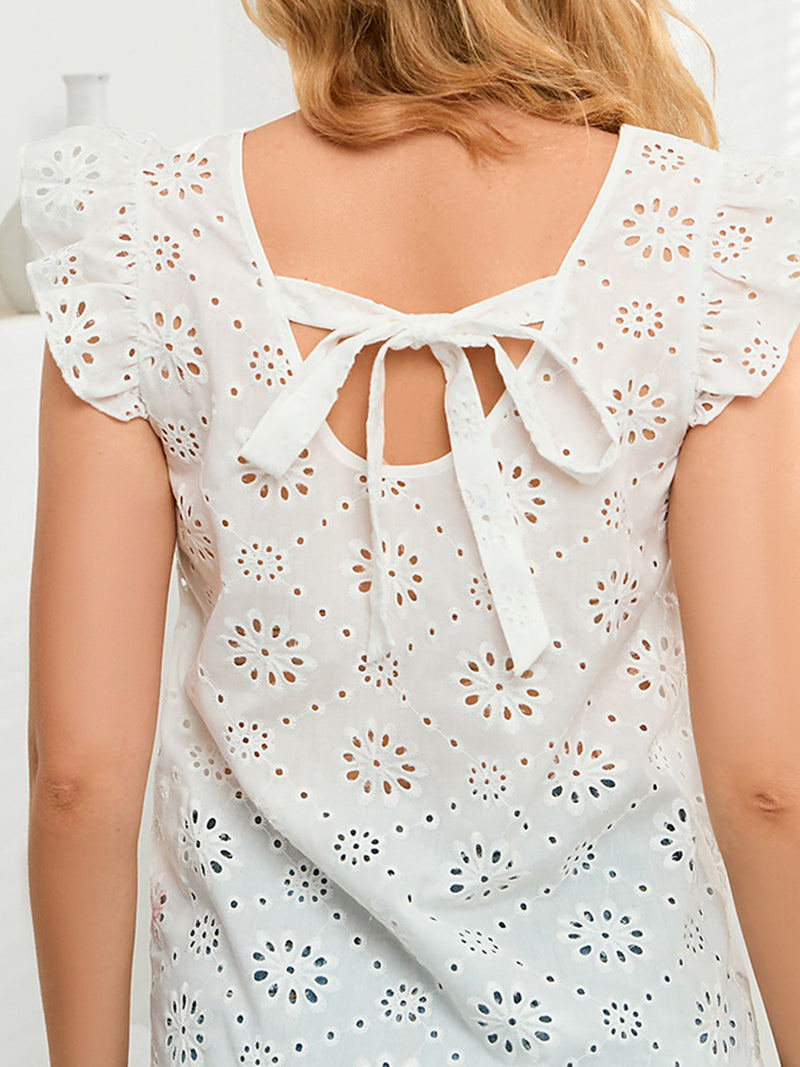 Tie Back V-Neck Eyelet Top