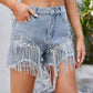 Distressed Pearl Trim Denim Shorts with Pockets