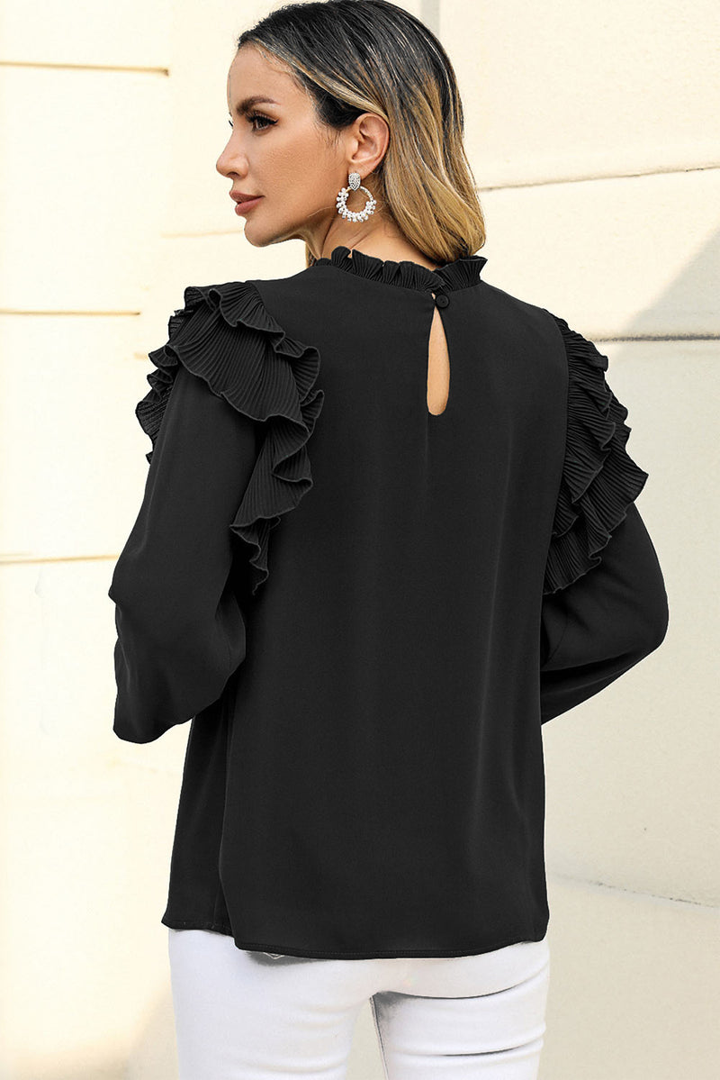 Ruffled Round Neck Long Sleeve Blouse