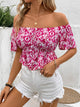 Perfee Peplum Printed Off-Shoulder Short Sleeve Blouse Hot Pink