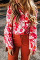 Floral Flare Sleeve Button Up V-Neck Bodysuit Deep Red