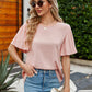 Pleated Flutter Sleeve Round Neck Blouse