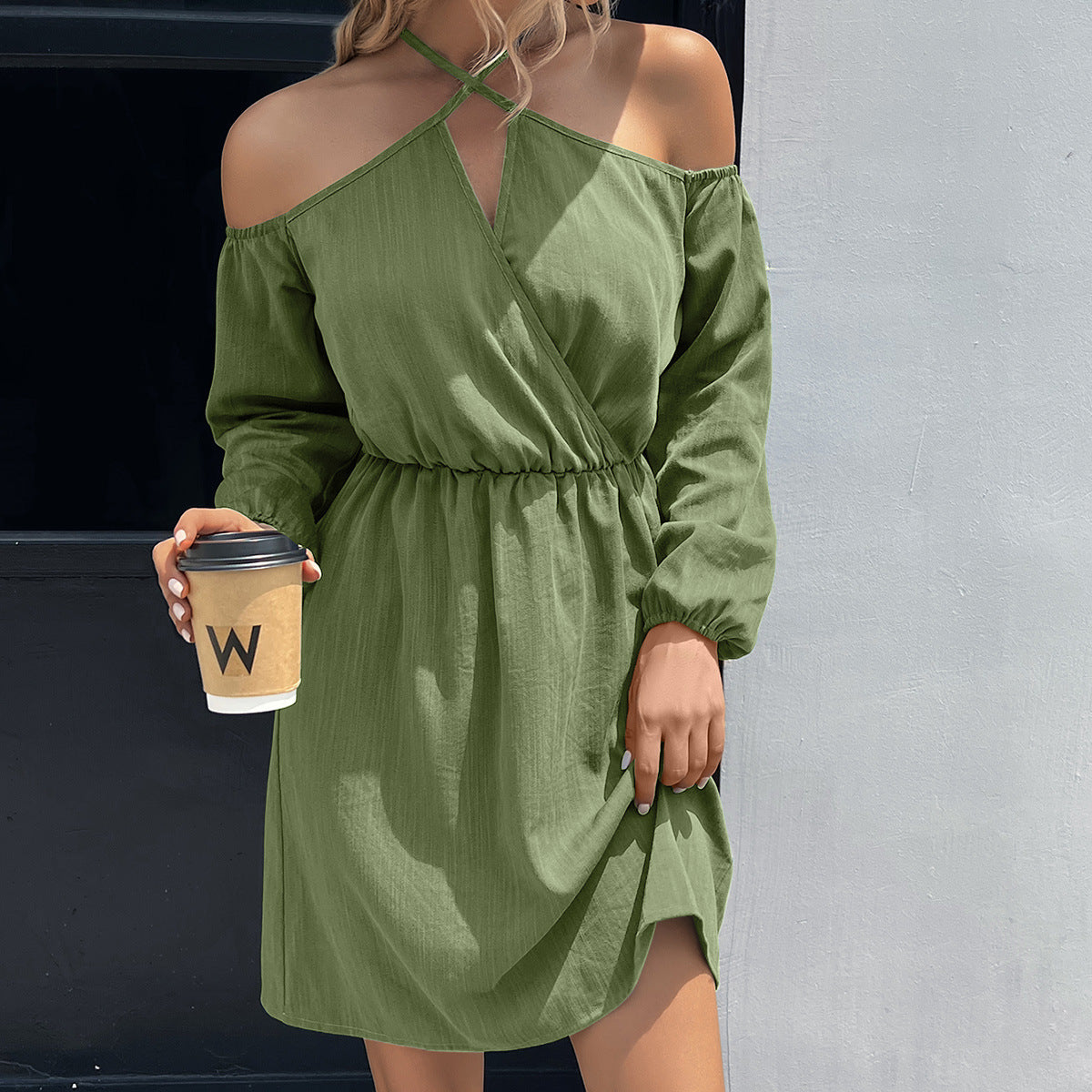 Cold-Shoulder Crisscross Mini Dress Matcha Green