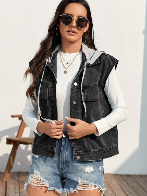 Drawstring Button Up Sleeveless Denim Jacket Black