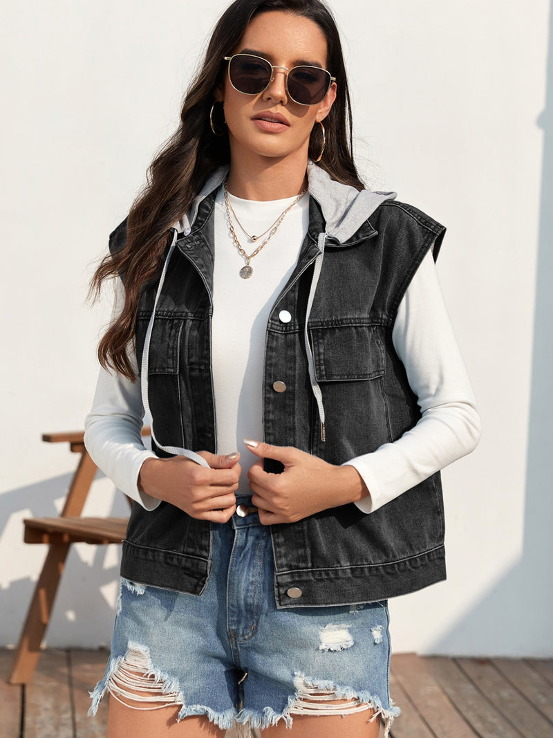Drawstring Button Up Sleeveless Denim Jacket Black