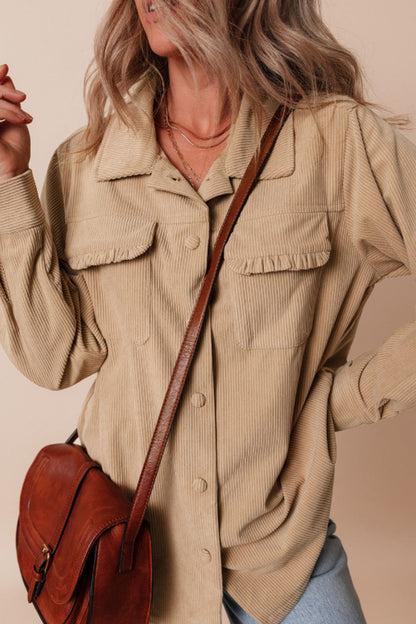 Frill Button Up Long Sleeve Shacket Tan