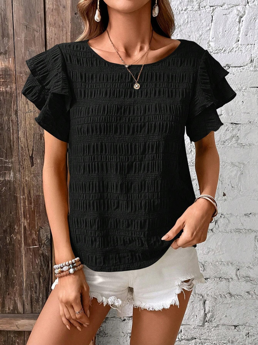 Round Neck Flounce Sleeve Blouse Black