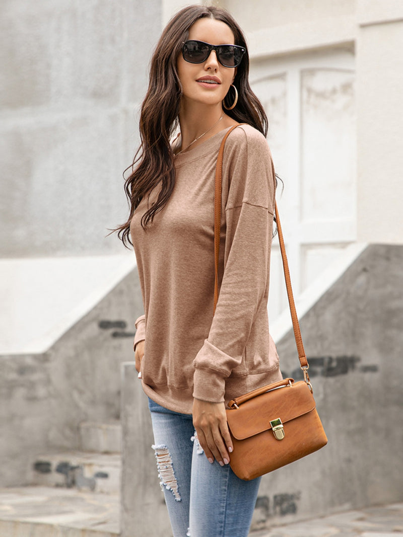 Ivy Lane Quarter Button Dropped Shoulder Blouse Camel