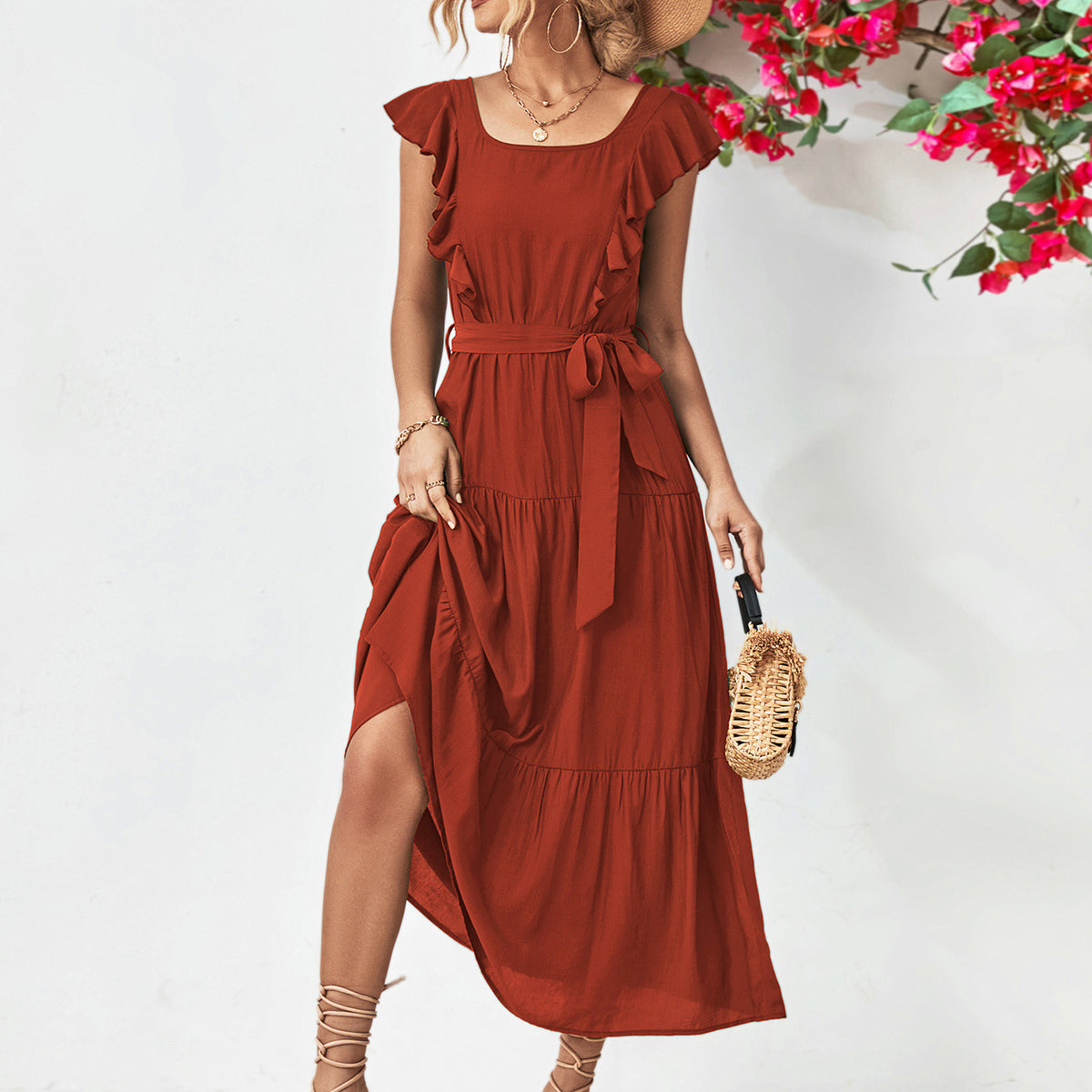 Tie Belt Ruffled Tiered Dress Brick Red