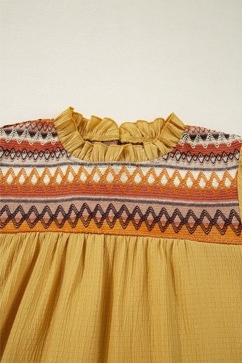 Geometric Frill Mock Neck Short Sleeve Blouse