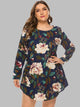 Full Size Floral Long Sleeve Mini Dress Navy